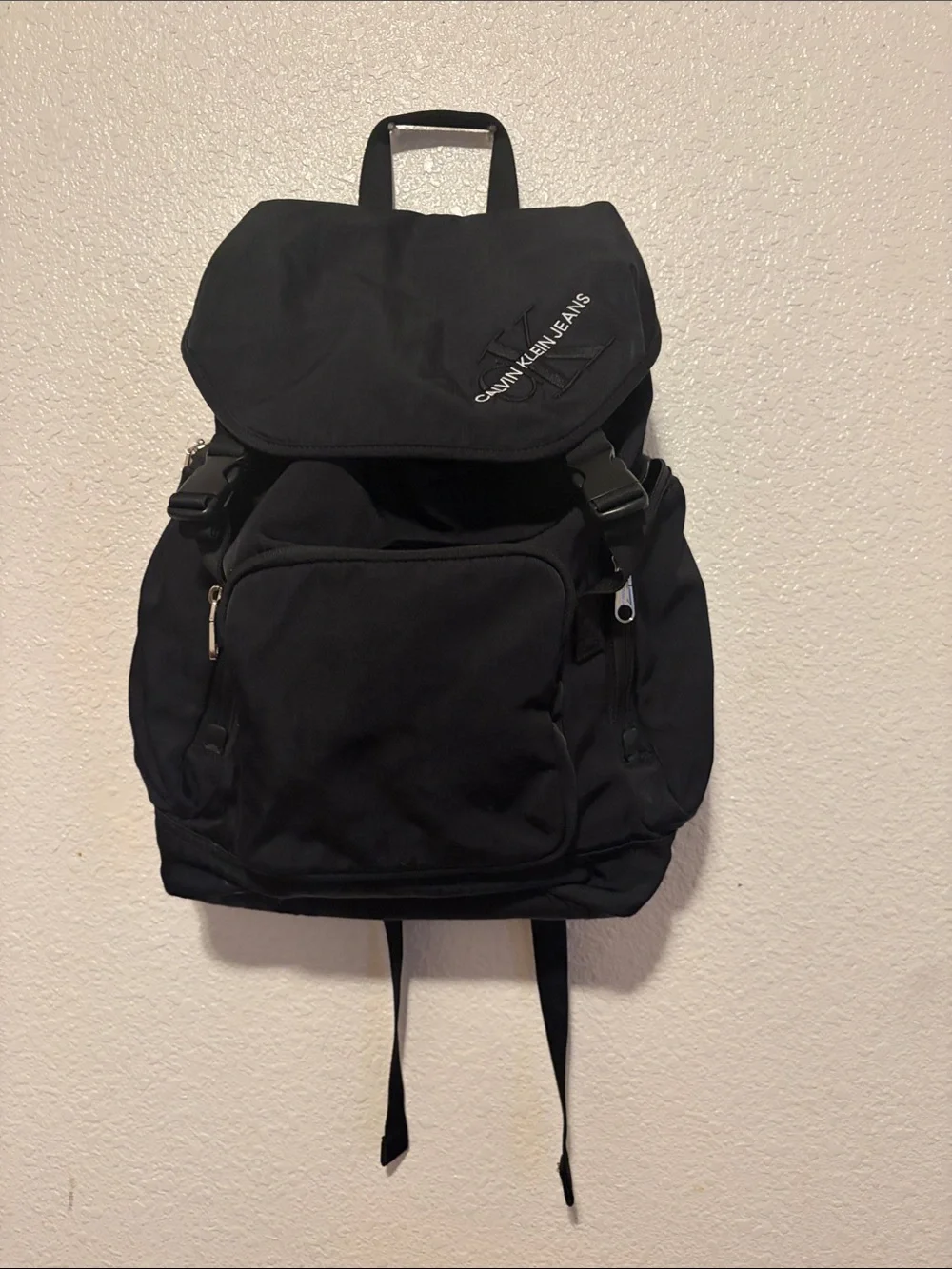 Calvin Klein  Black Nylon Flap Backpack with Front Pocket